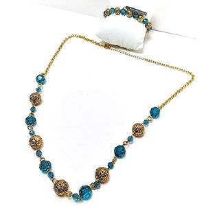 Bay Studio gold globe and teal glass bead necklace and bracelet set